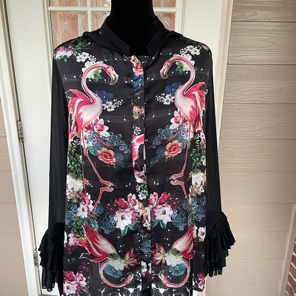 Pierre Cardin Black Floral Flamingo Blouse - Picture 3 of 9